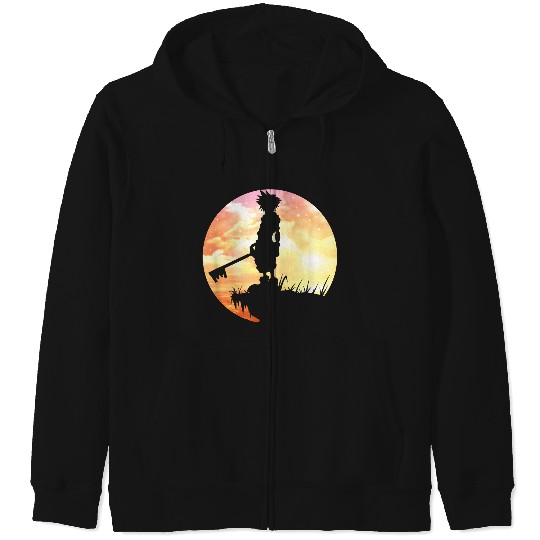 Disneyss Kingdom Hearts Sora Sunset Silhouette Pose Chest Logo Zip Hoodies