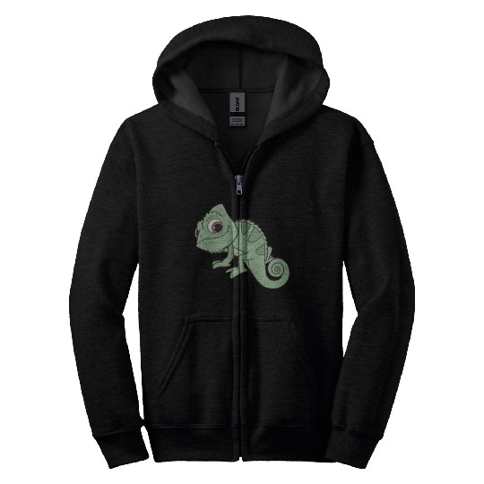 Disneyss Tangled Pascal Cute Pose Left Chest Pocket Logo Zip Hoodies