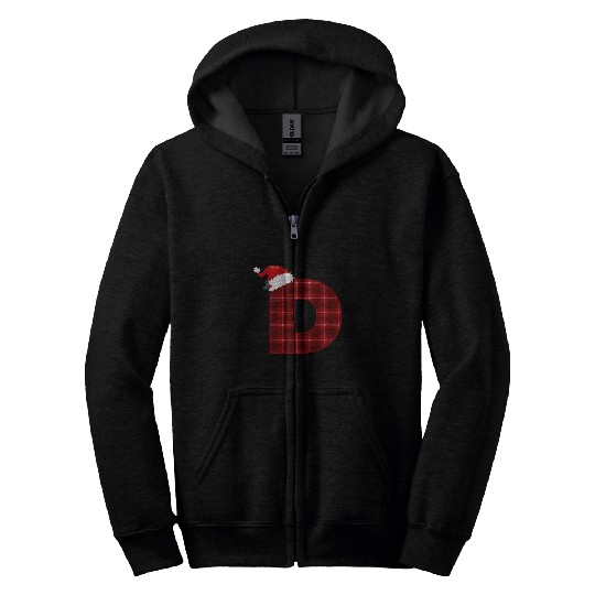 Christmas Plaid Initial Letter D Monogram Santa Hat Graphic Zip Hoodies