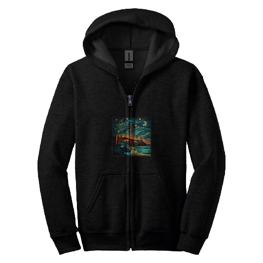 Surrealism Starry Night Golden Gate Bridge Zip Hoodies