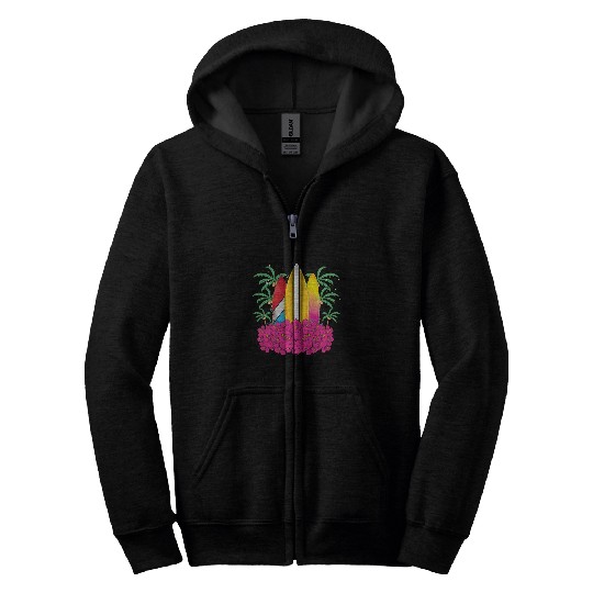 Surf Life Water Sport Palm Trees Surfboard Hibiscus Tropical Surfing Zip Hoodies