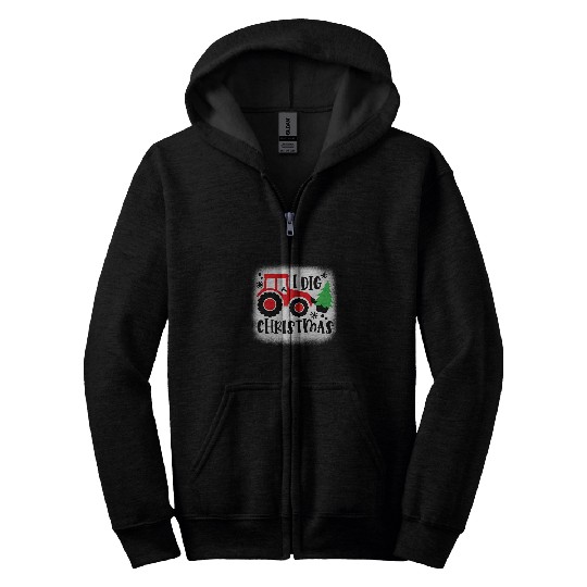 Tractor driving I Dig Christmas Backhoe Tractor With Christmas Tree Bleached Zip Hoodies