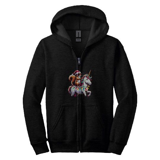 Christmas Lights Squirrel Riding Unicorn Zip Hoodies