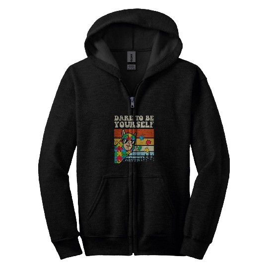 Autism Puzzle Dare To Be Yourself Llama Puzzle Autism Awareness Alpaca Zip Hoodies