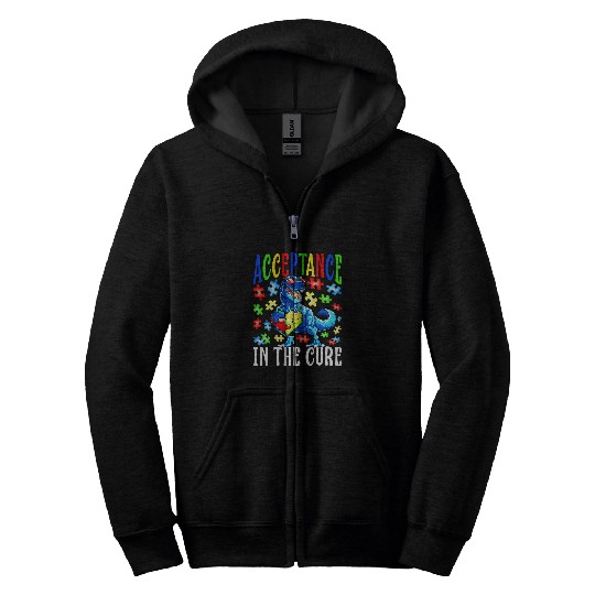 Autism Puzzle Dino Acceptance Is The Cure Autism Awareness Dinosaur Puzzle Zip Hoodies