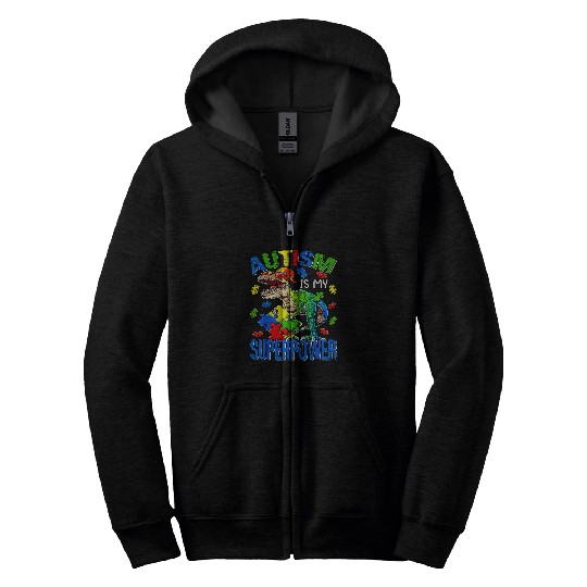 Autism Puzzle Dino Boys Kids Autism Is My Superpower Zip Hoodies