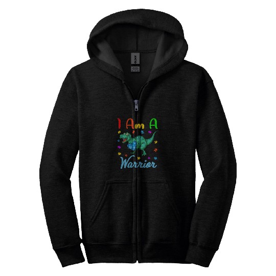 Autism Puzzle Dino Cool Autism Dinosaur I Am A Warrior Autistic Awareness Kids Zip Hoodies