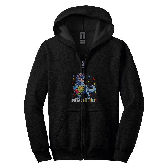 Autism Puzzle Dino Embrace Differences ASD Spectrum Dinosaur Zip Hoodies