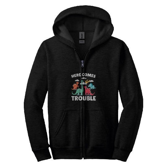 Dinosaur Pet Here comes Trouble with a Zip Hoodies