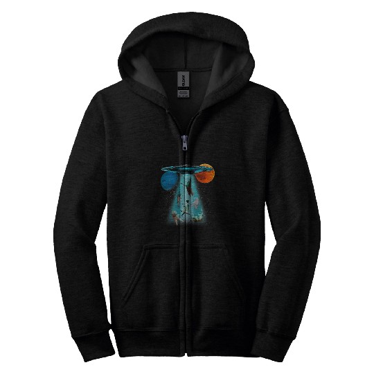 Aliens UFO Space Cat UFO Alien Flying Cats Galaxy Planet Graphic Zip Hoodies