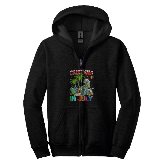 Dinosaur Pet TRex in Santa Hat Sunglasses Christmas In July Zip Hoodies
