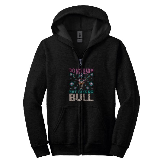 Cow Pet Do Not Harm But Take No Bull Boho Cow Skull Farm Animal Zip Hoodies