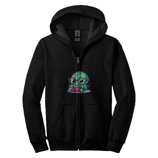 Book Fun Adorable Book Lover Cthulhu With Reading Glasses Cute Zip Hoodies