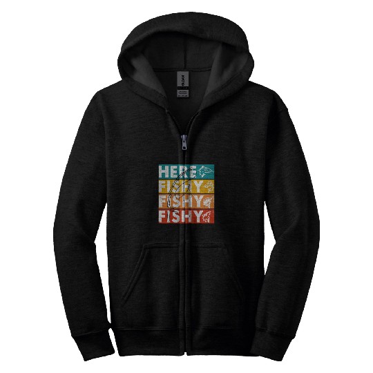 Fishing Fun HereFishy Fishing Bass Fish Dad Kids Boy Women Funny Zip Hoodies