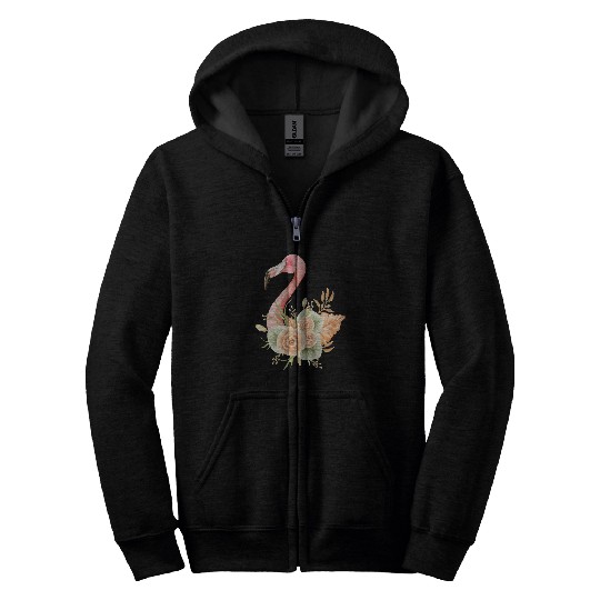 Flamingo Pet with tropical flowers leaves watercolor Zip Hoodies
