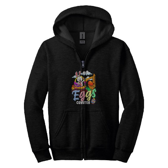 Excavator Fun Happy Easter Bunny Egg Excavator Kids Zip Hoodies