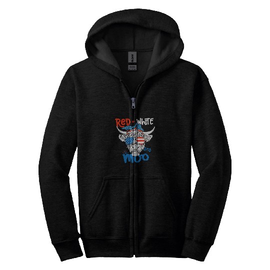 Cow Pet Moorica Highland Cow Red White Blue 4th Of July Zip Hoodies