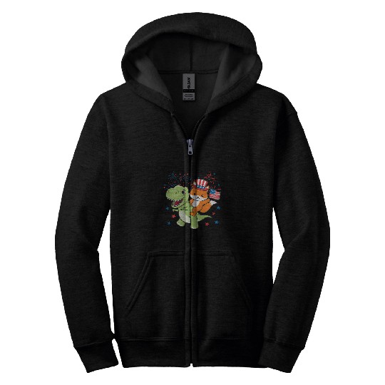 Dinosaur Pet Fox Lover With TRex For The Fourth Of July Fireworks Zip Hoodies