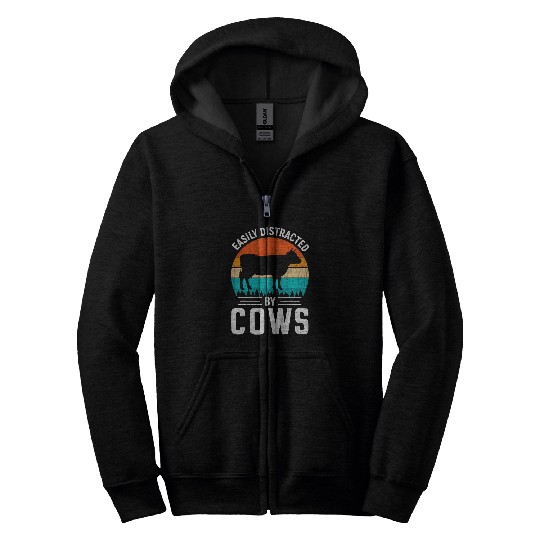 Cow Pet Easily Distracted By Cows Fun Cute Cow Animal Lover Graphic Zip Hoodies
