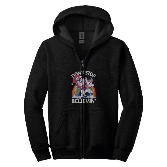 Unicorn Pet Dont Stop Believin Santa Riding Unicorn Christmas Rainbow Zip Hoodies