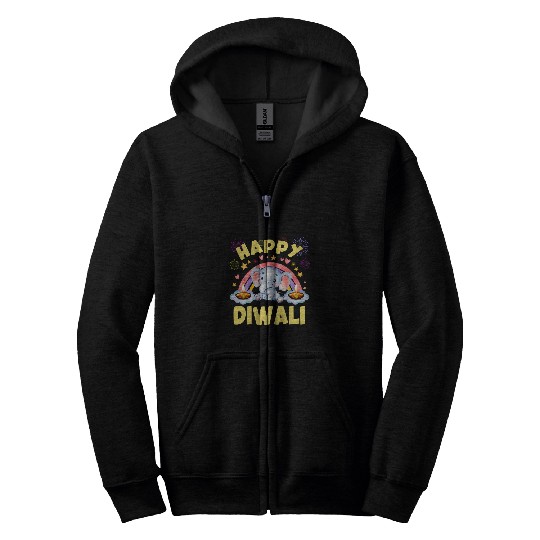 Elephant Mammal Happy Diwali Cute elephant with Candle Lights for kids Zip Hoodies