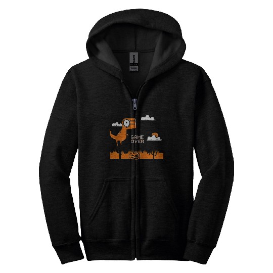 Dinosaur Pet Game Over Halloween Orange Dinosaur and Pumpkin Zip Hoodies