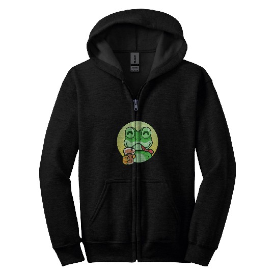 Frog Pet Cute Kawaii Toad Drinking Bubble Tea a Frog Boba Tea Zip Hoodies