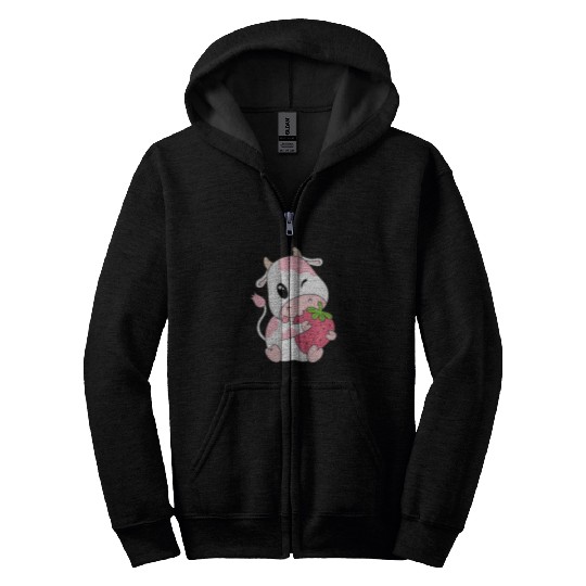 Cow Pet Cute Pink Strawberry Cow Print Kawaii Animal Zip Hoodies