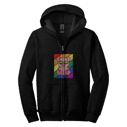 Pig Pet LGBTQ Flag Gay Pride Month Rainbow Pig With LGBT Glasses Zip Hoodies