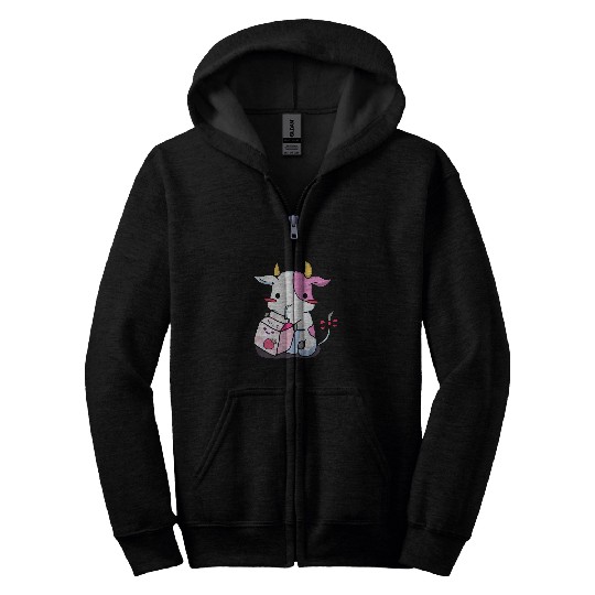 Cow Pet Cute Strawberry Cow Adorable Pink Cow Strawberry Milk Cow Zip Hoodies