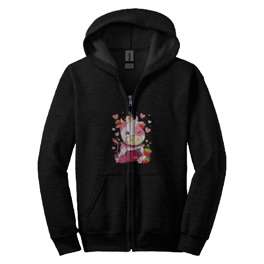 Cow Pet Cute Strawberry Cow Eating Strawberry Strawberry Zip Hoodies
