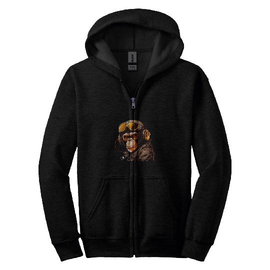 Gorilla Pet Monkey Ape In Jacket Sunglasses Pilot Flight Racing Zip Hoodies