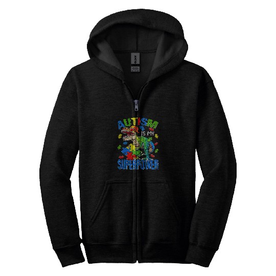 Autism Puzzle Dino rexs Autism Is My Superpower Zip Hoodies