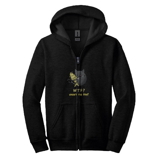 Fishing Fun WTF Wheres The Fish Funny Fishing Black Cat Zip Hoodies