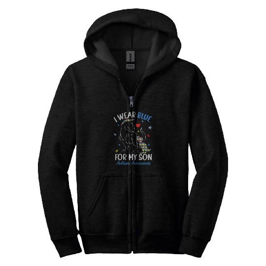 Autism Puzzle Dino TRex I Wear Blue For My Son Autism Awareness Month Zip Hoodies