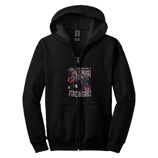 Dinosaur Pet Im Ready To Crush Fireworks T rexs 4th of July Monster Truck Zip Hoodies