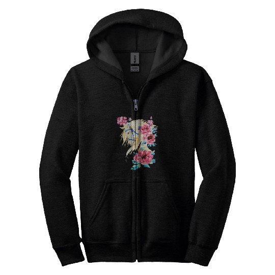 Horse Pet White horse with a mane of pink peony flowers rose Zip Hoodies