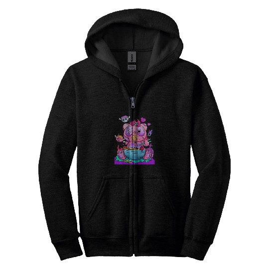 Bear Pet Kawaii Pastel Goth Cute Creepy Bear Ramen Zip Hoodies