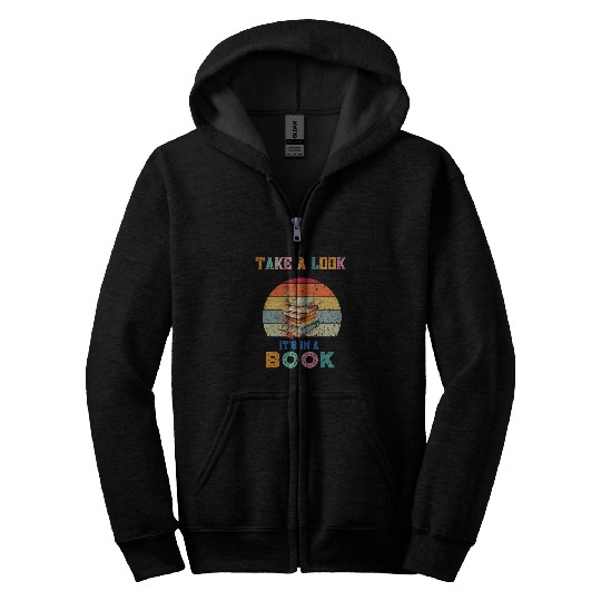 Book Fun Take a look its in a book retro rainbow reading librarian Zip Hoodies