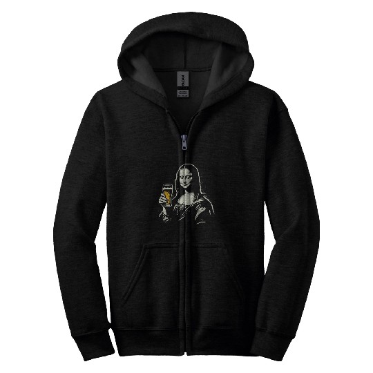 Beer Fun Mona Lisa with Beer Bar Pub Crawl Party Men Women Funny Beer Zip Hoodies