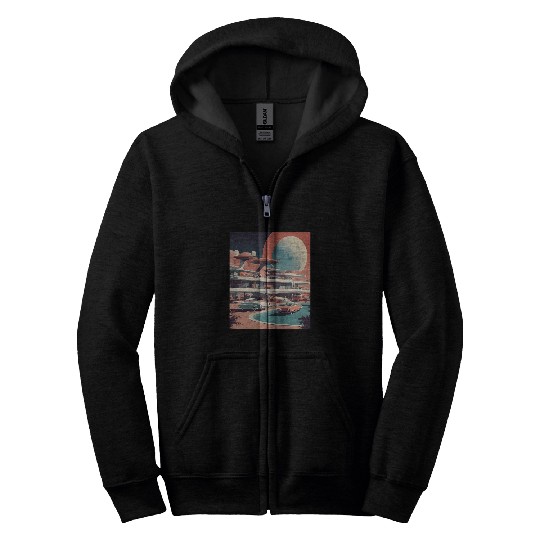50s Moon Resort With Flying Carss Graphic Zip Hoodies
