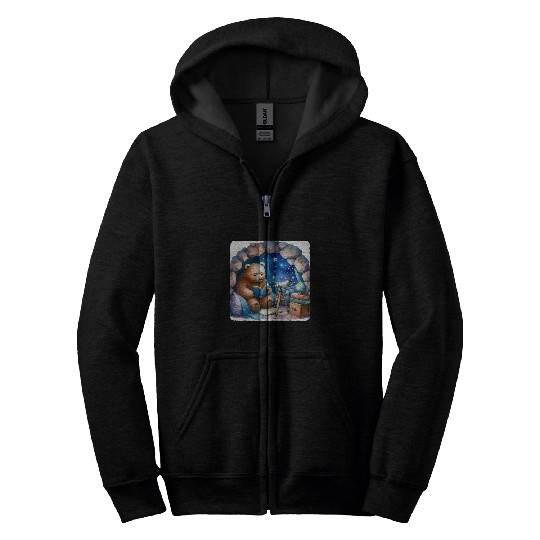 Bear Pet Bear Reading Astronomy Book In Cave Magical Entrance Sky Zip Hoodies