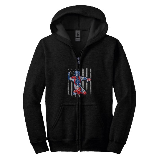 American Baseball Catcher USA vintages Flag 4th Of July Boys Zip Hoodies