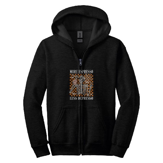 Coffee Fun Halloween More Espresso Less Depresso Retro Coffee Skeleton Zip Hoodies