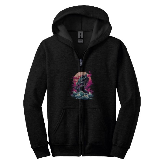 Dragon Pet Japanese Vaporwave Tokyo Dragon Asian Retro 80s Style Zip Hoodies
