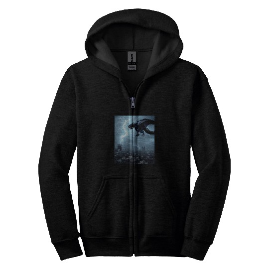 Dragon Pet Black Dragon flying over city during thunderstorm lightning Zip Hoodies