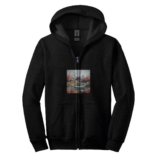 Circular Oasis Korean Serenity Amid Reflective Waters Zip Hoodies
