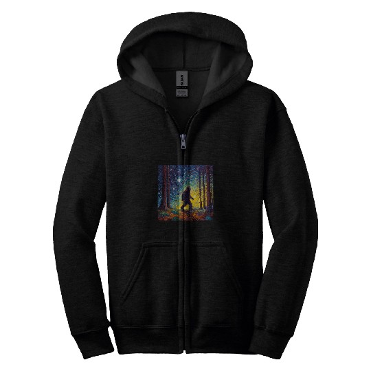 bigfoots Walking On Forest Starry Night Art Funny Sasquatch Zip Hoodies
