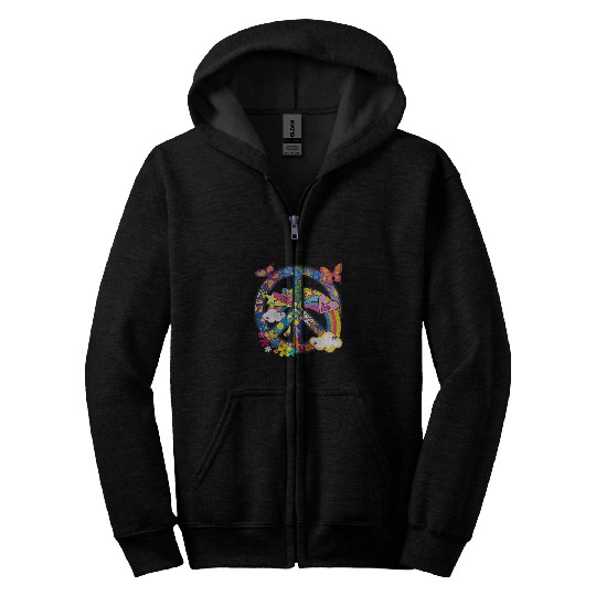 Groovy Hippie Peace Sign Colorful 70s Flowers Butterflies Zip Hoodies