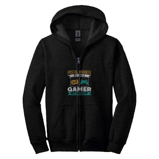 Mens Postal Worker By Day Gamer By Night Mailman Gaming Zip Hoodies